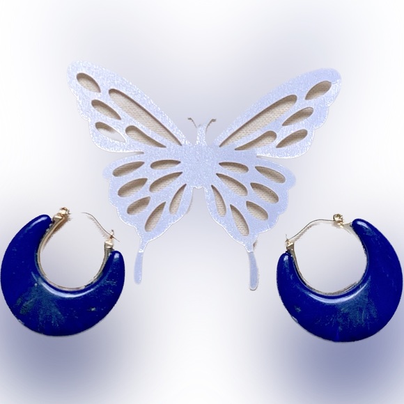 🦋Cobalt Blue with Marbled Brown Swirls Gold Tone Hoop Earrings by Cookie Lee - Picture 5 of 5